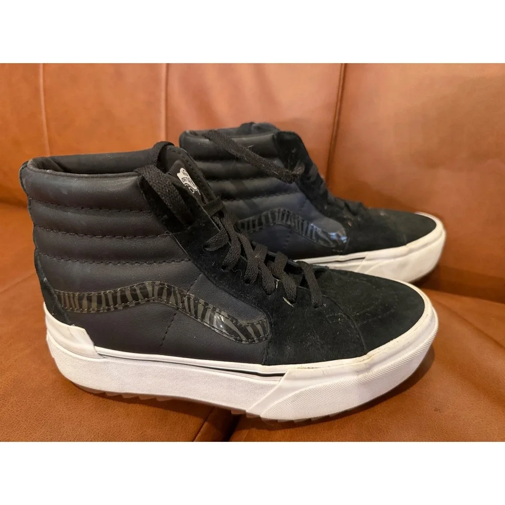 Vans Sk8-Hi MTE Platform Black Leather Suede Zebra Stripe Men 6 Women 7.5